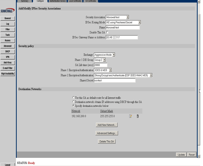 Example of Sonicwall configuration